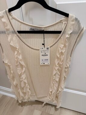 ZARA Cream Ruffled Sleeveless Knit Tank